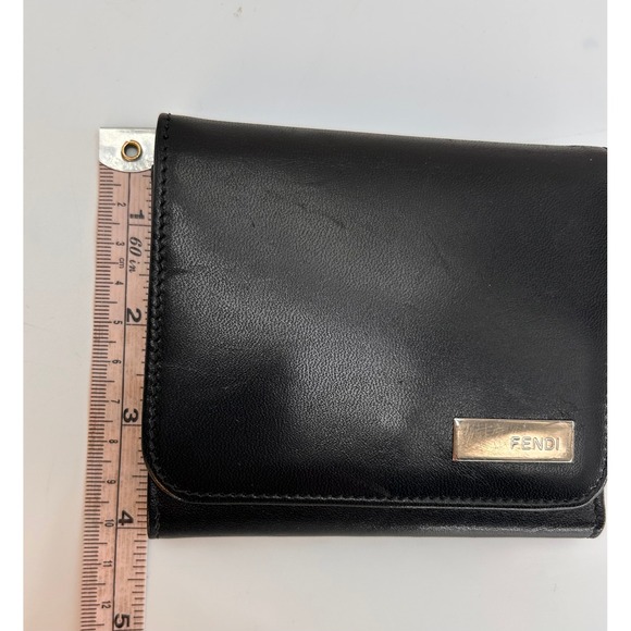Fendi Black Leather Trifold Wallet GHW Coin Snap Authentic
